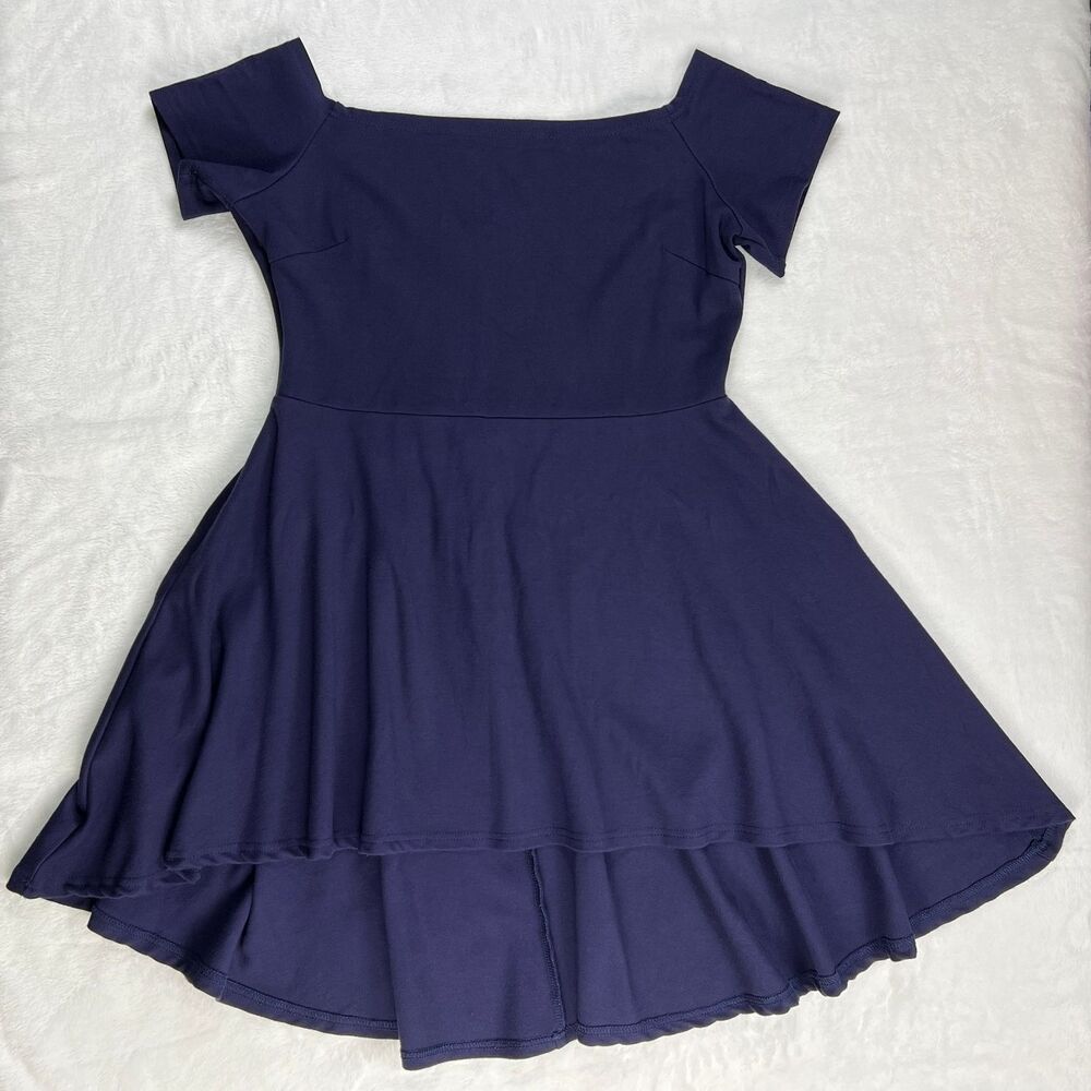 Sarin Mathews Navy Blue Off The Shoulder High Low Cocktail Skater Dress Size M